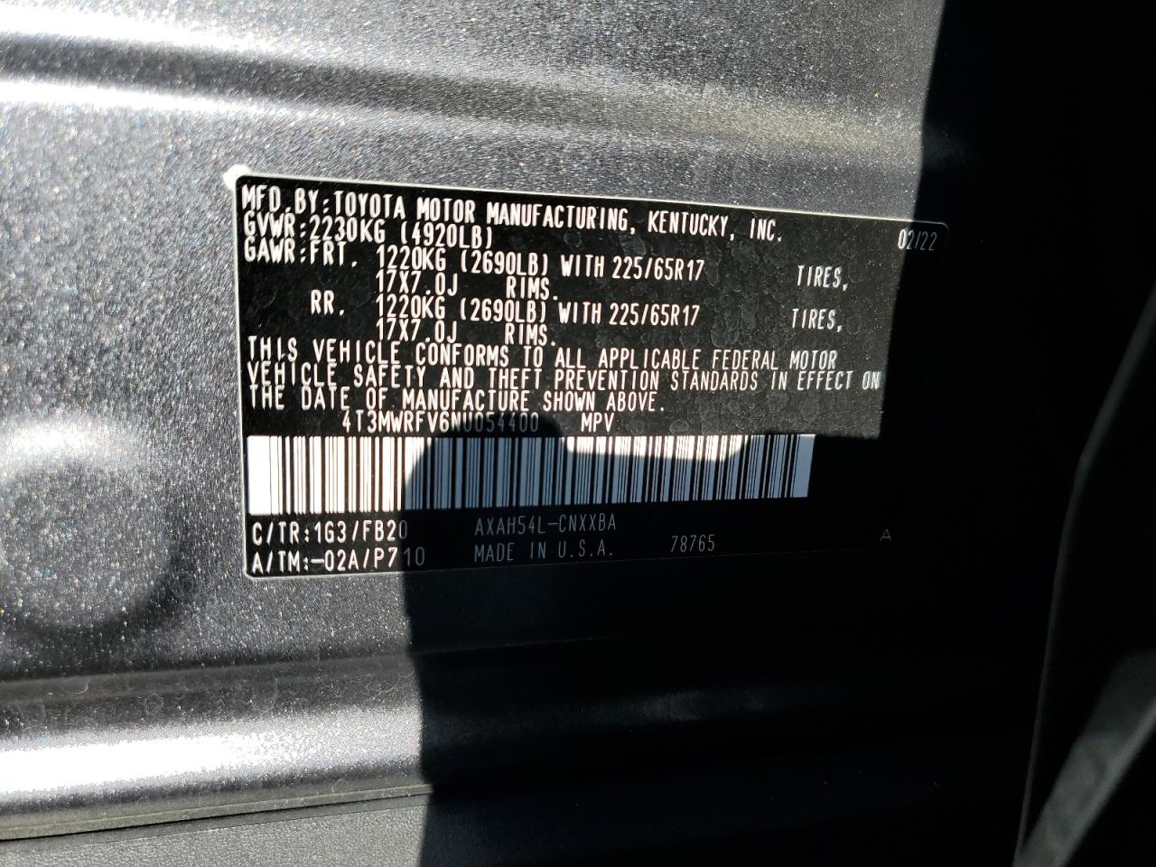 2022 Toyota Rav4 Le VIN: 4T3MWRFV6NU054400 Lot: 72428084