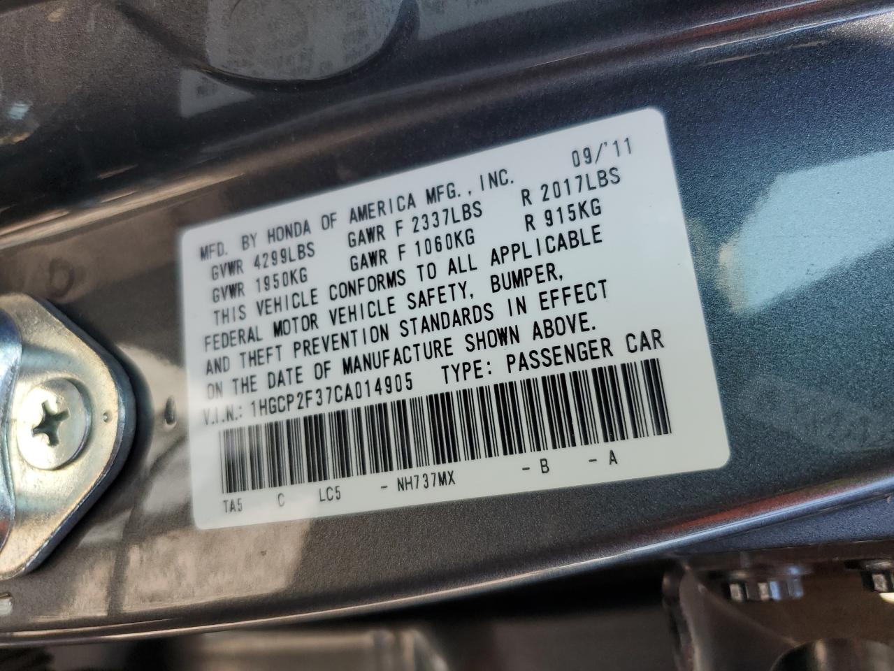 1HGCP2F37CA014905 2012 Honda Accord Lx