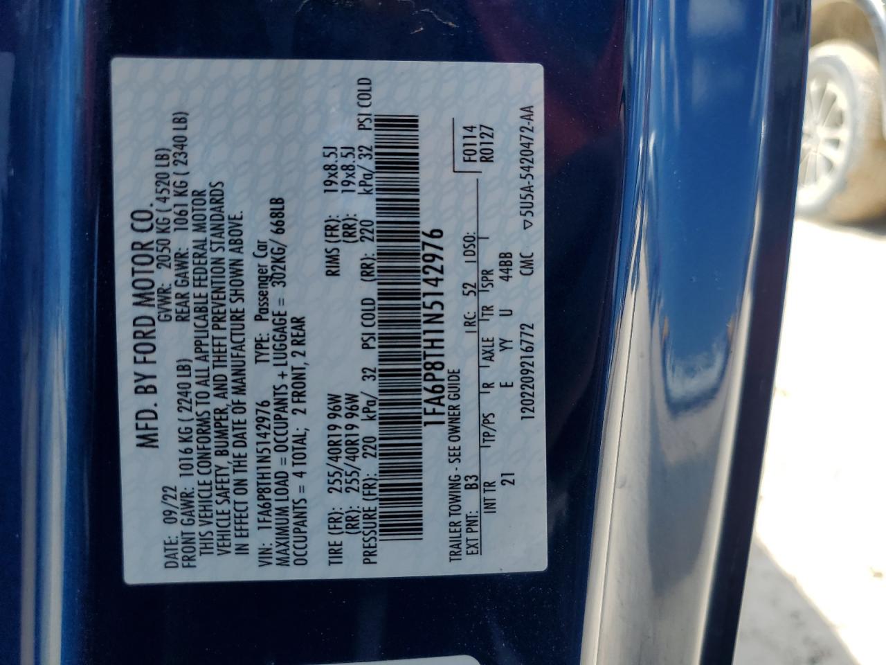 2022 Ford Mustang VIN: 1FA6P8TH1N5142976 Lot: 71033494