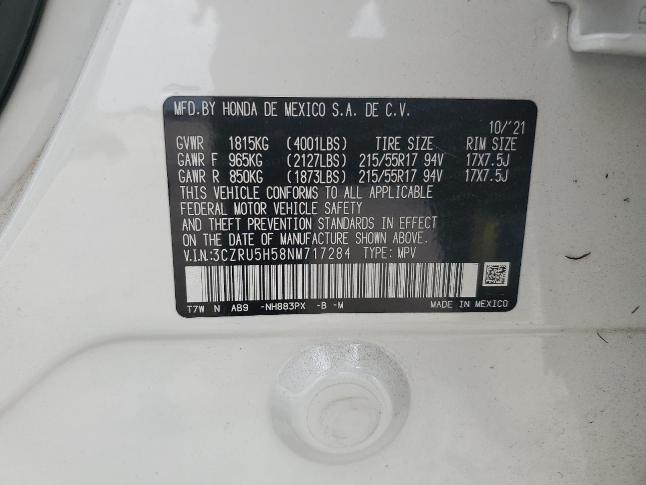 3CZRU5H58NM717284 2022 Honda Hr-V Ex