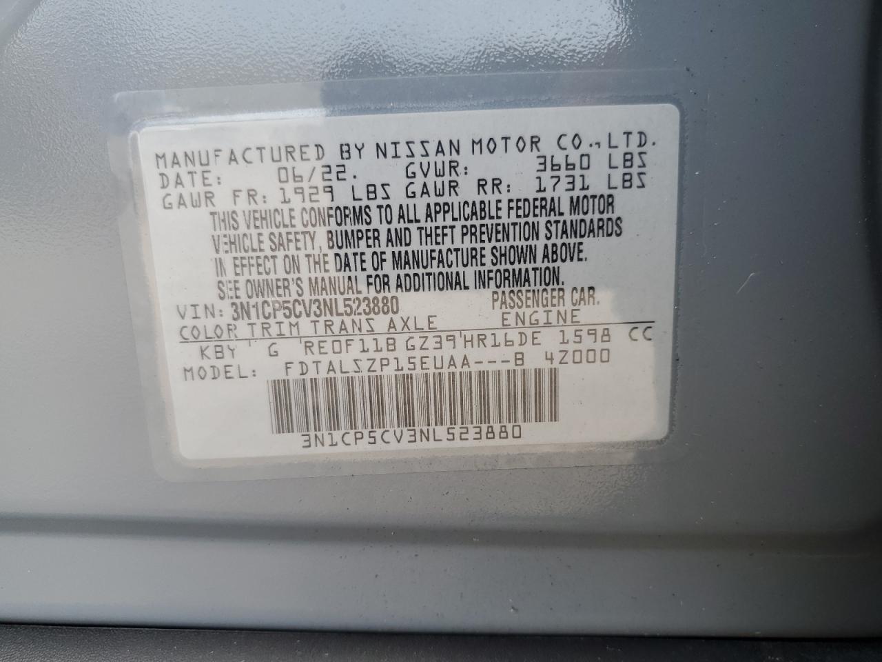 3N1CP5CV3NL523880 2022 Nissan Kicks Sv