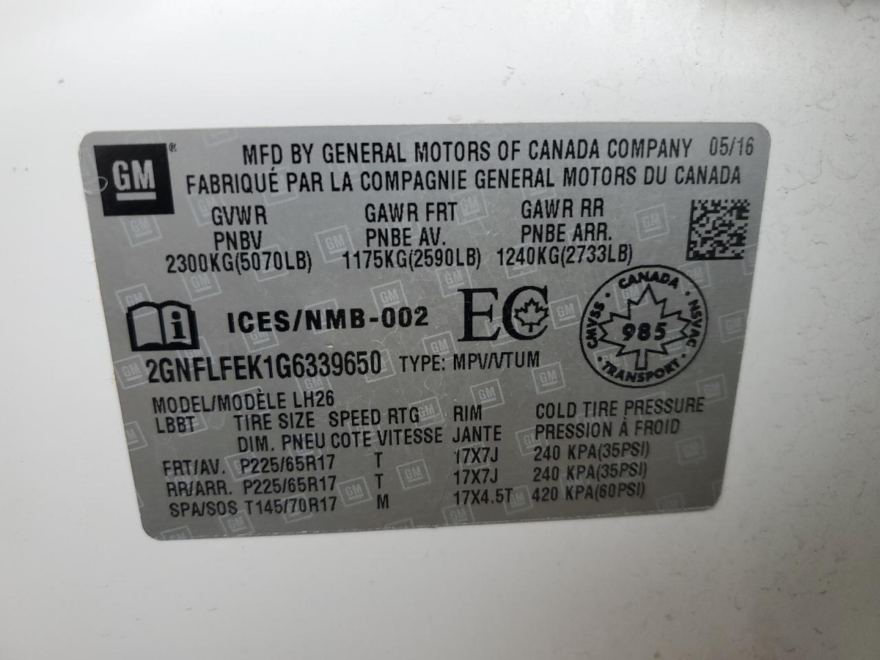 2GNFLFEK1G6339650 2016 Chevrolet Equinox Lt