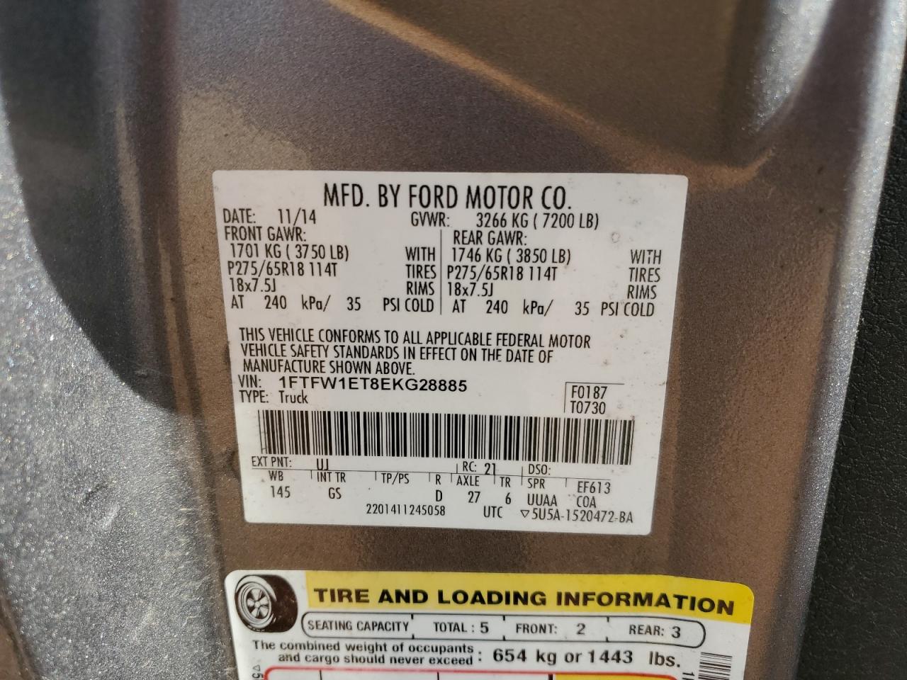 2014 Ford F150 Supercrew VIN: 1FTFW1ET8EKG28885 Lot: 73352994