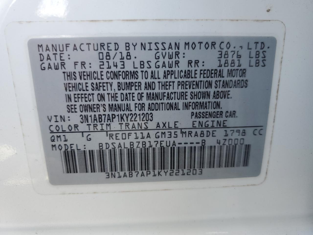 2019 Nissan Sentra S VIN: 3N1AB7AP1KY221203 Lot: 72952804