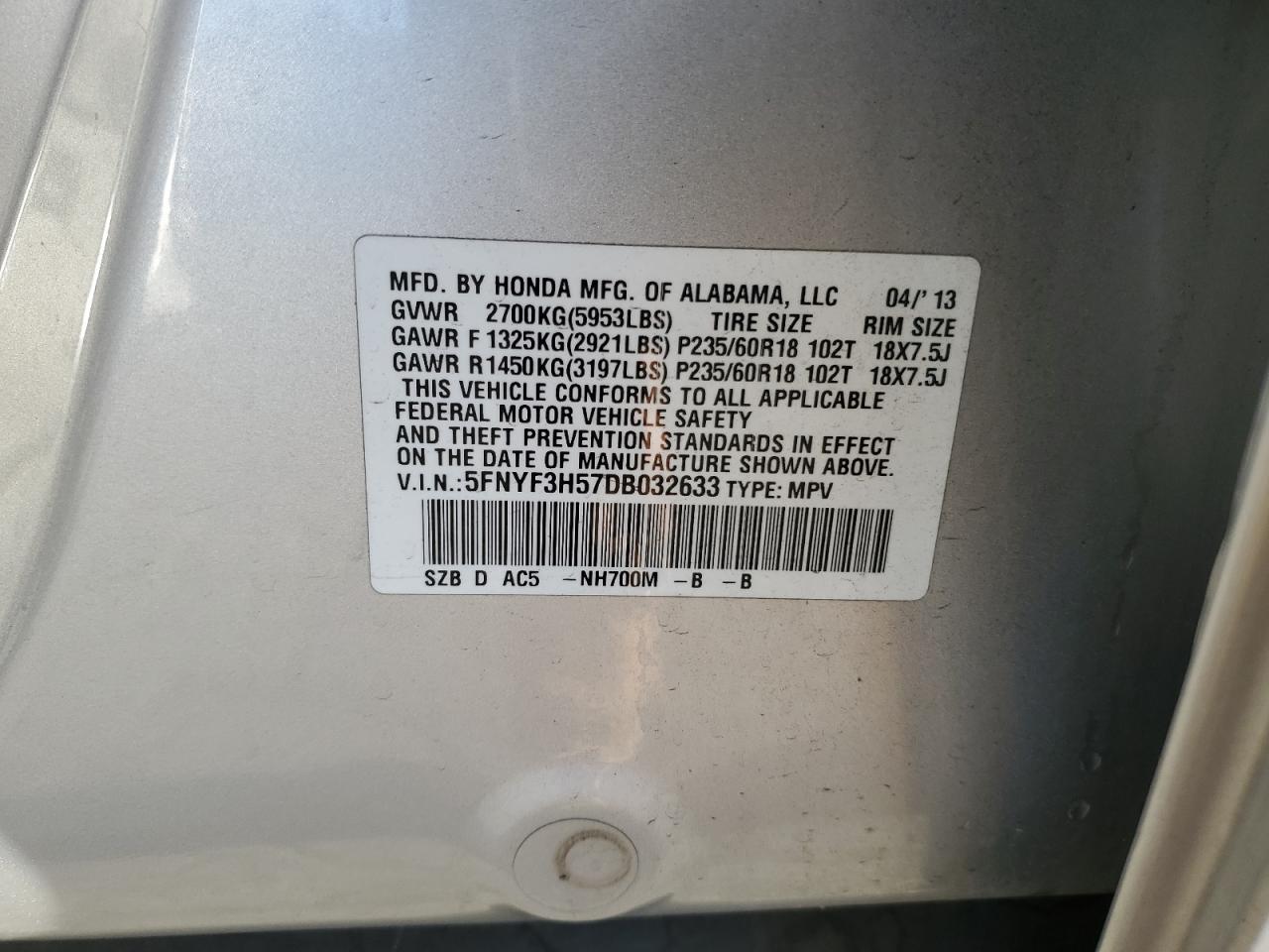 5FNYF3H57DB032633 2013 Honda Pilot Exl