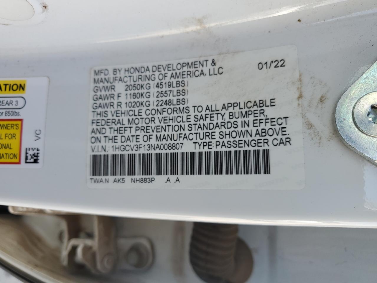 1HGCV3F13NA008807 2022 Honda Accord Hybrid