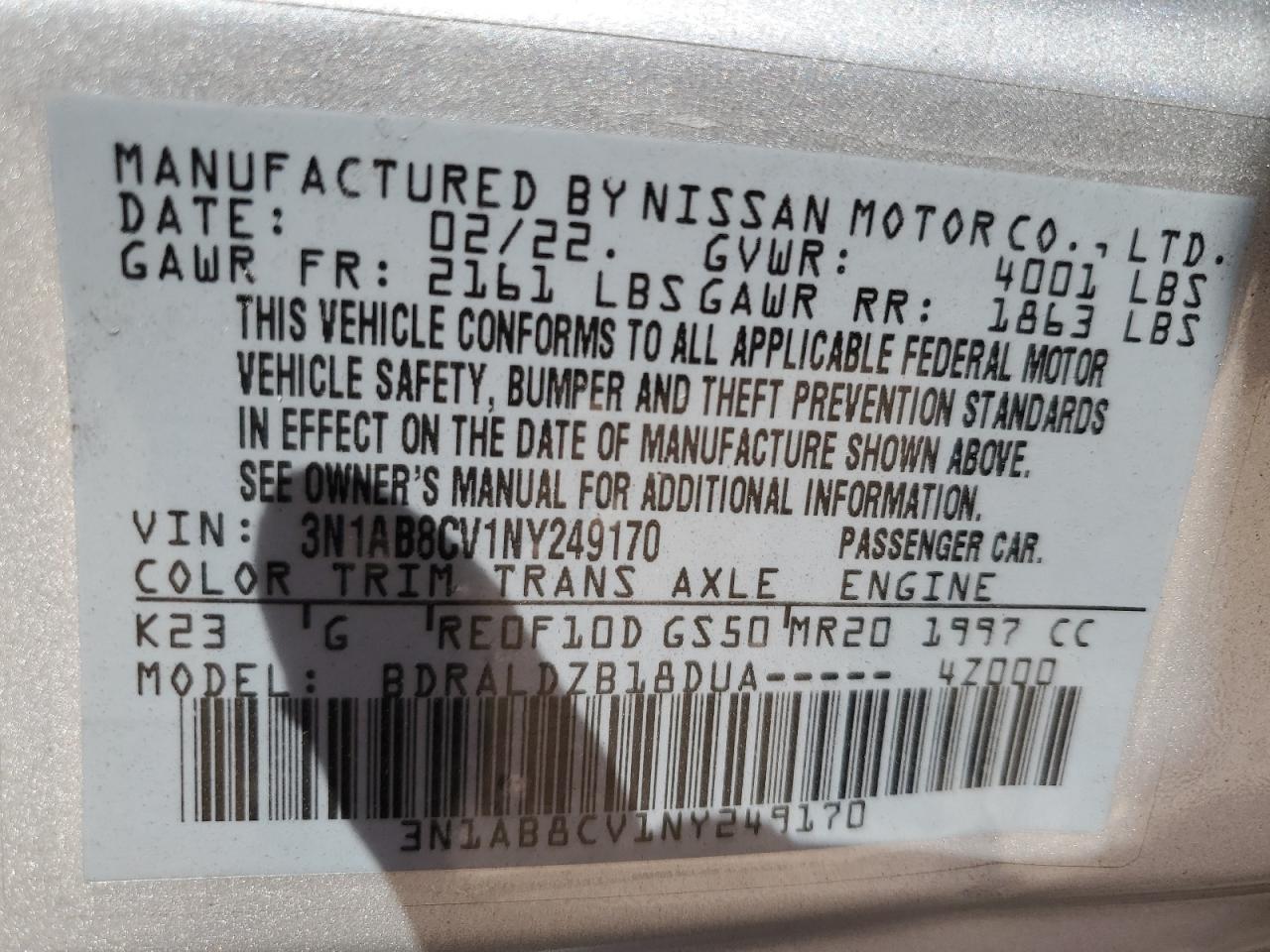 3N1AB8CV1NY249170 2022 Nissan Sentra Sv