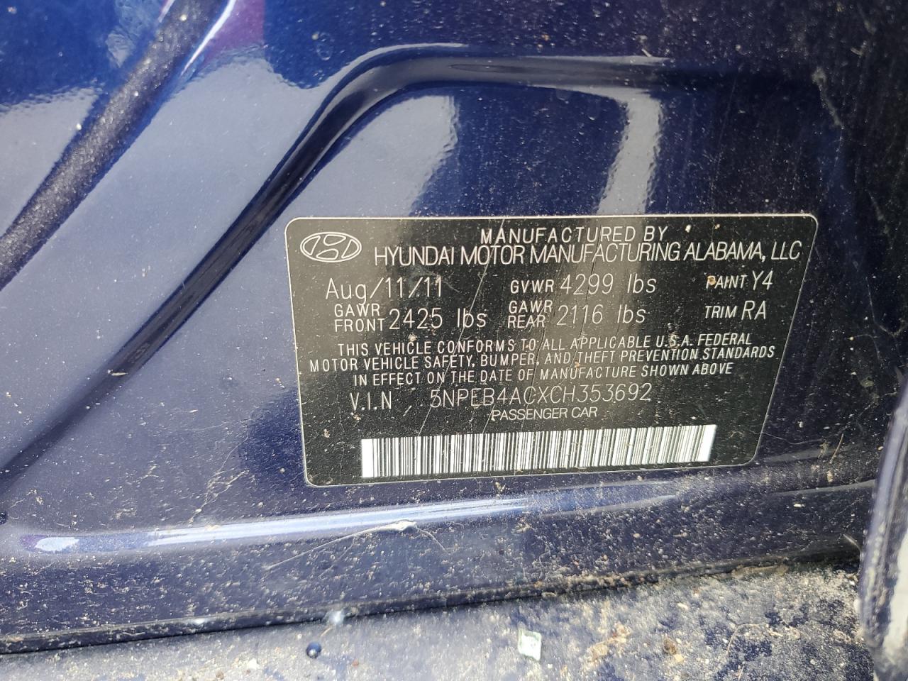 5NPEB4ACXCH353692 2012 Hyundai Sonata Gls