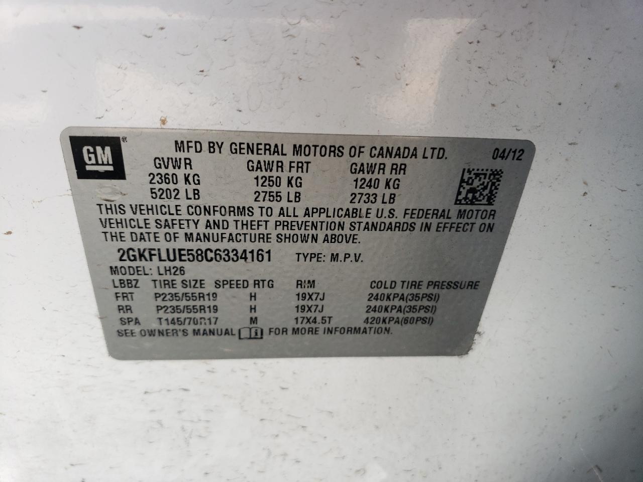 2GKFLUE58C6334161 2012 GMC Terrain Slt