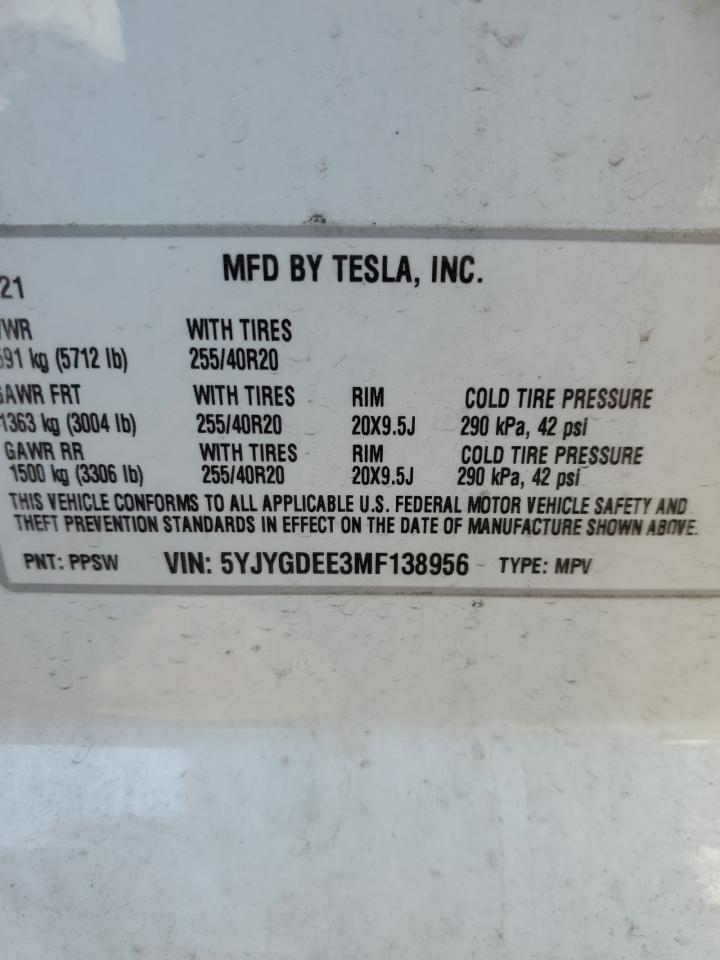 2021 Tesla Model Y VIN: 5YJYGDEE3MF138956 Lot: 71153864