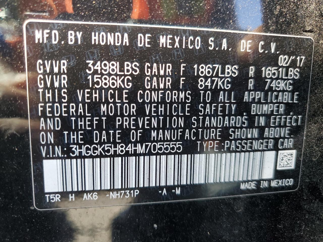 3HGGK5H84HM705555 2017 Honda Fit Ex