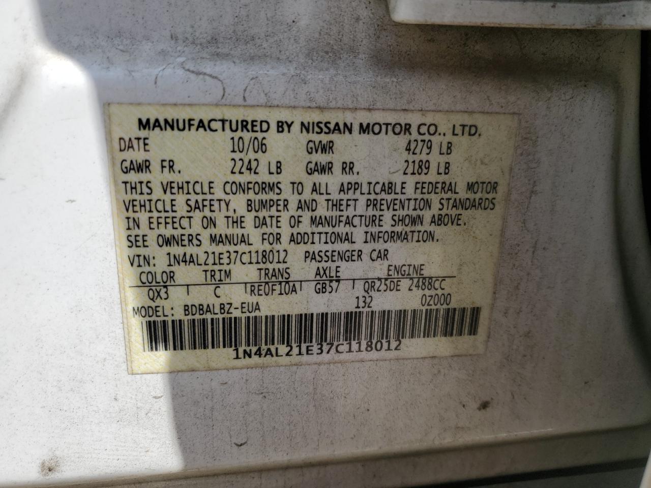 1N4AL21E37C118012 2007 Nissan Altima 2.5