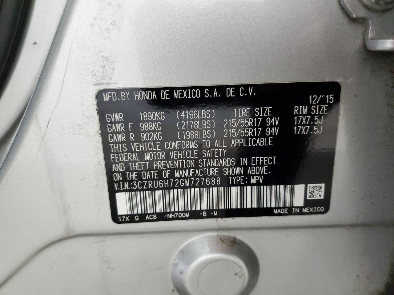 3CZRU6H72GM727688 2016 Honda Hr-V Exl