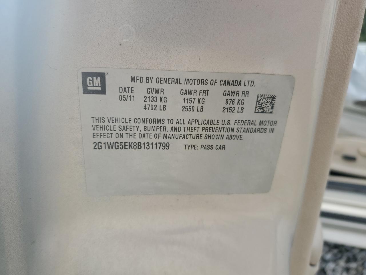 2011 Chevrolet Impala Lt VIN: 2G1WG5EK8B1311799 Lot: 73598354