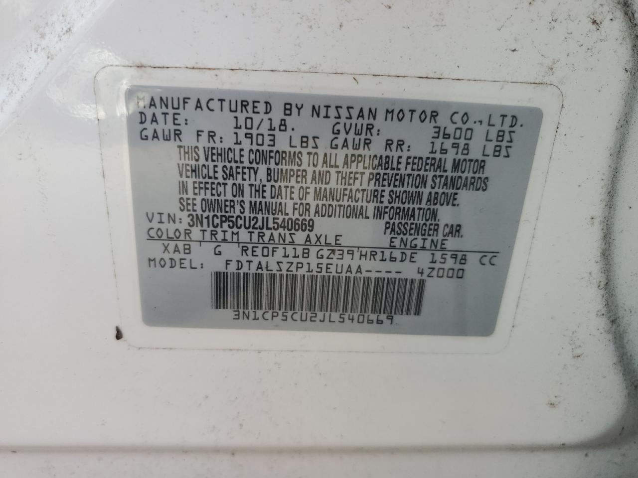 3N1CP5CU2JL540669 2018 Nissan Kicks S