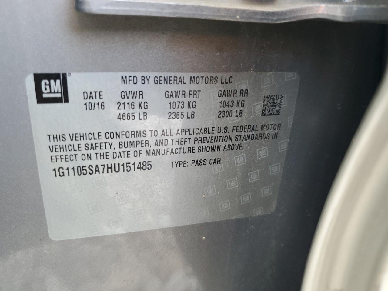 1G1105SA7HU151485 2017 Chevrolet Impala Lt