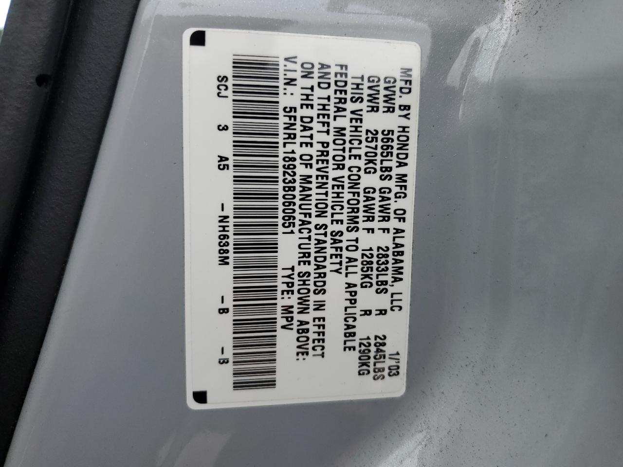 5FNRL18923B060651 2003 Honda Odyssey Exl