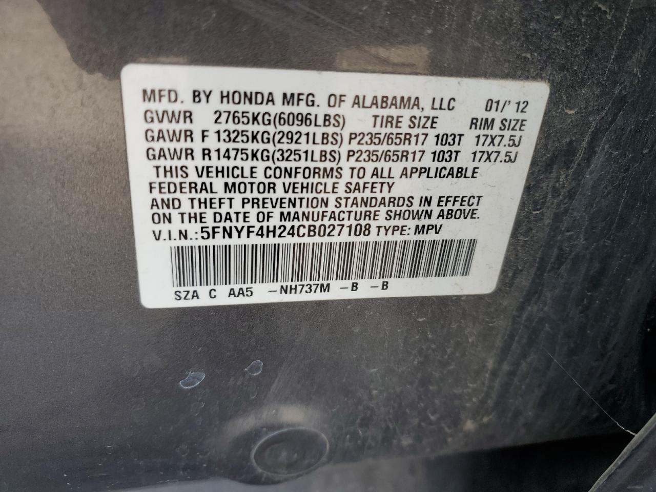2012 Honda Pilot Lx VIN: 5FNYF4H24CB027108 Lot: 71768484