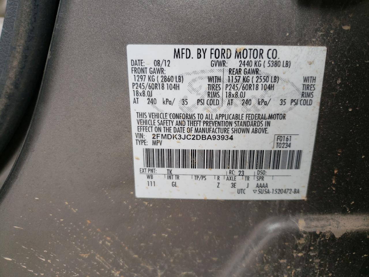 2013 Ford Edge Sel VIN: 2FMDK3JC2DBA93934 Lot: 71874304