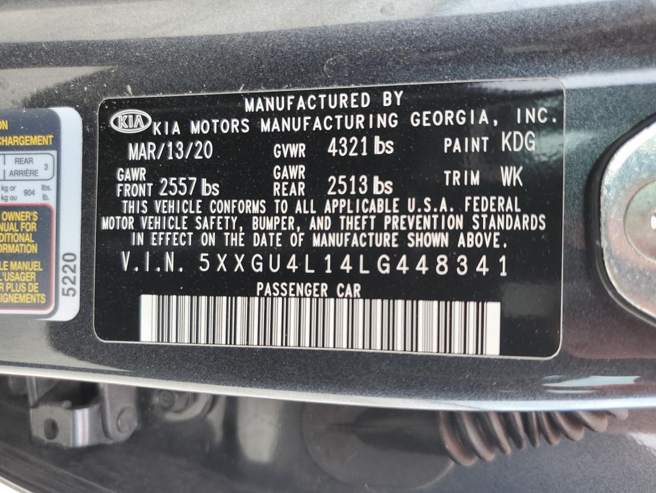 5XXGU4L14LG448341 2020 Kia Optima Ex