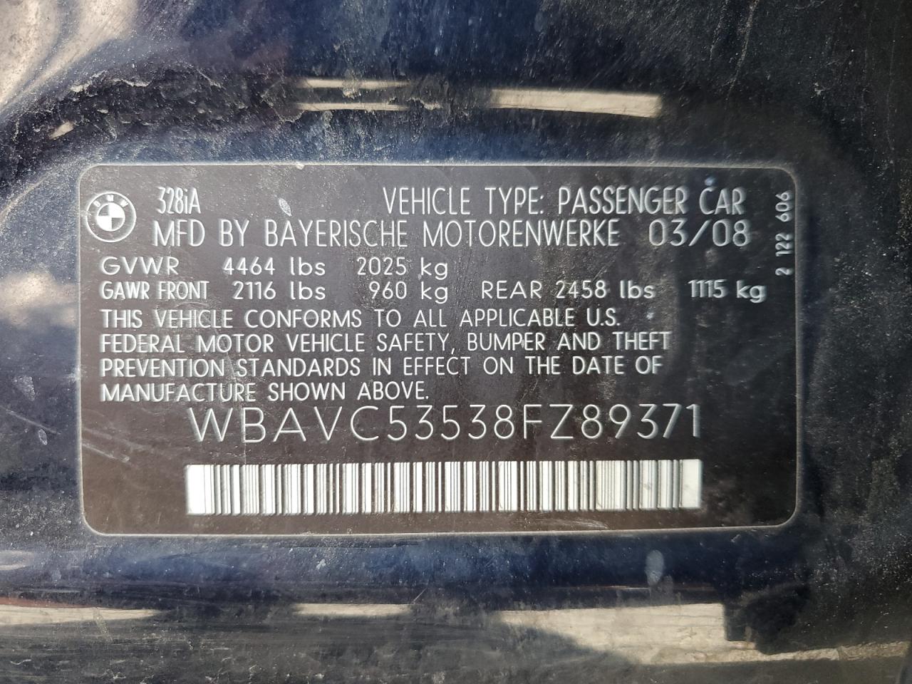 WBAVC53538FZ89371 2008 BMW 328 I Sulev