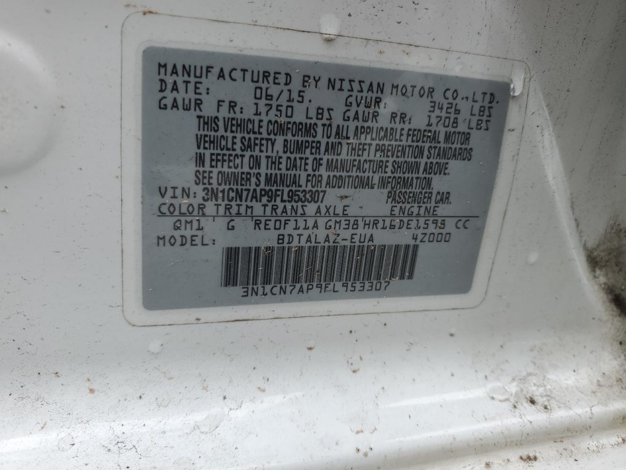 3N1CN7AP9FL953307 2015 Nissan Versa S