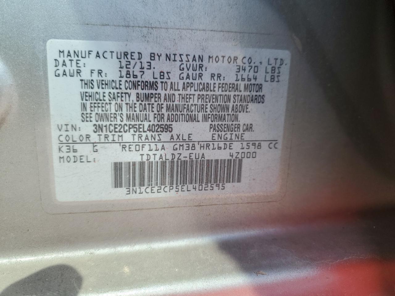 3N1CE2CP5EL402595 2014 Nissan Versa Note S