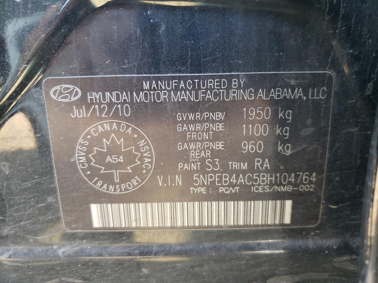 5NPEB4AC5BH104764 2011 Hyundai Sonata Gls