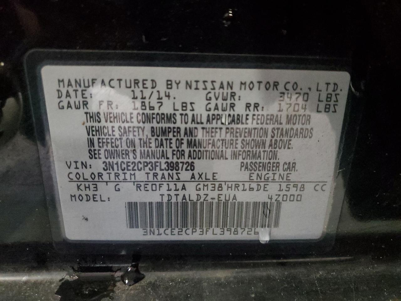 3N1CE2CP3FL398726 2015 Nissan Versa Note S