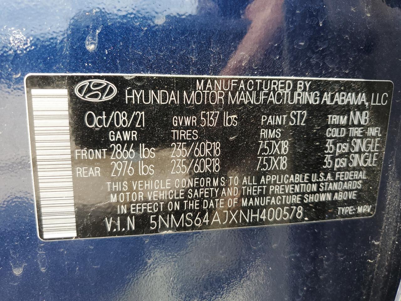 5NMS64AJXNH400578 2022 Hyundai Santa Fe Sel