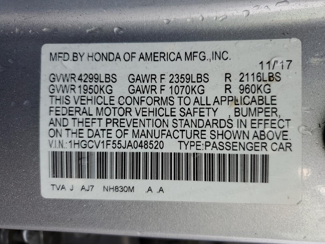 1HGCV1F55JA048520 2018 Honda Accord Exl