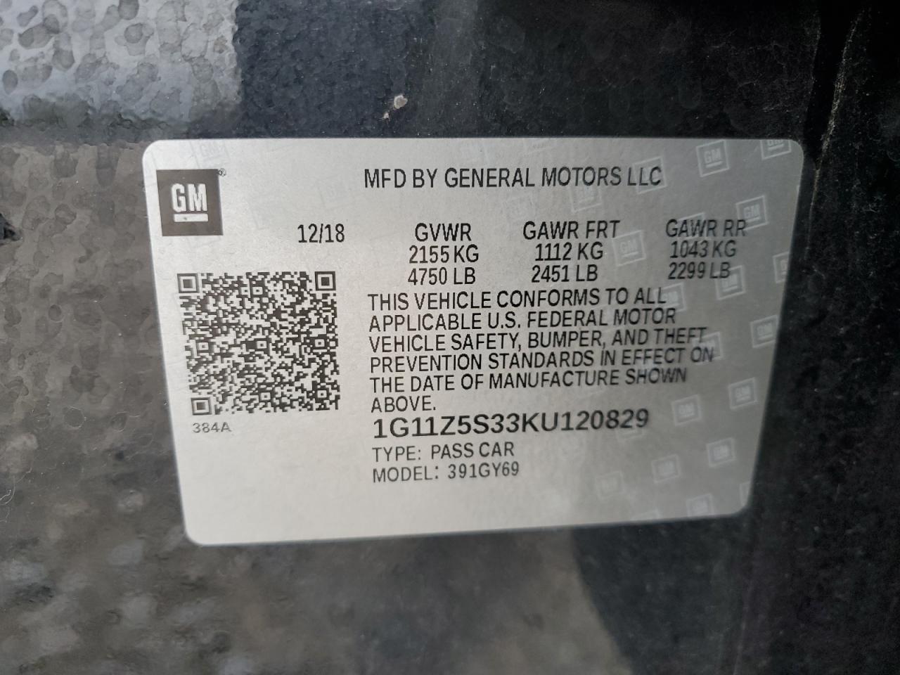 1G11Z5S33KU120829 2019 Chevrolet Impala Lt