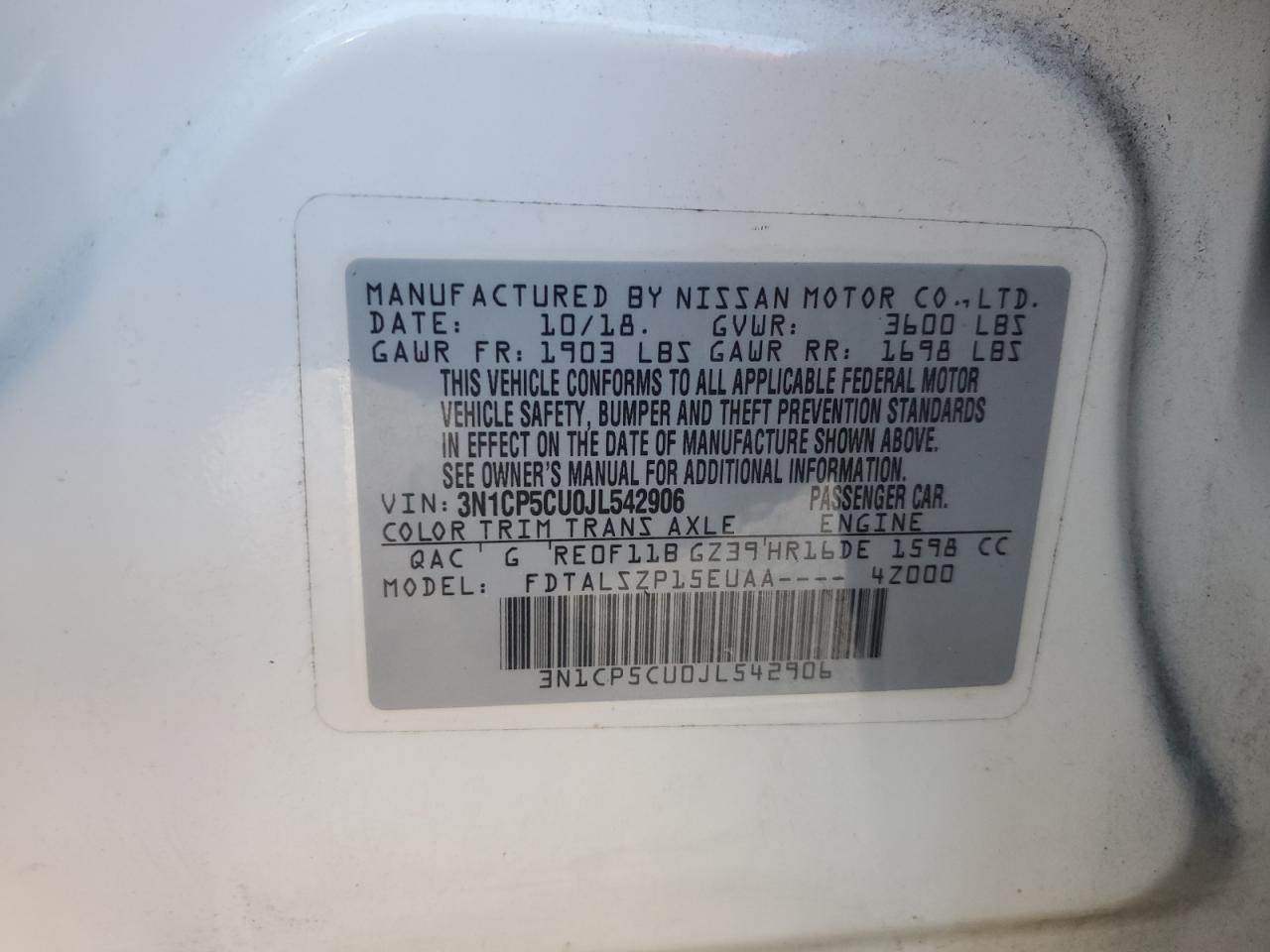 3N1CP5CU0JL542906 2018 Nissan Kicks S