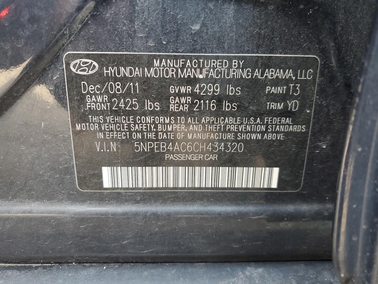 2012 Hyundai Sonata Gls VIN: 5NPEB4AC6CH434320 Lot: 71290684