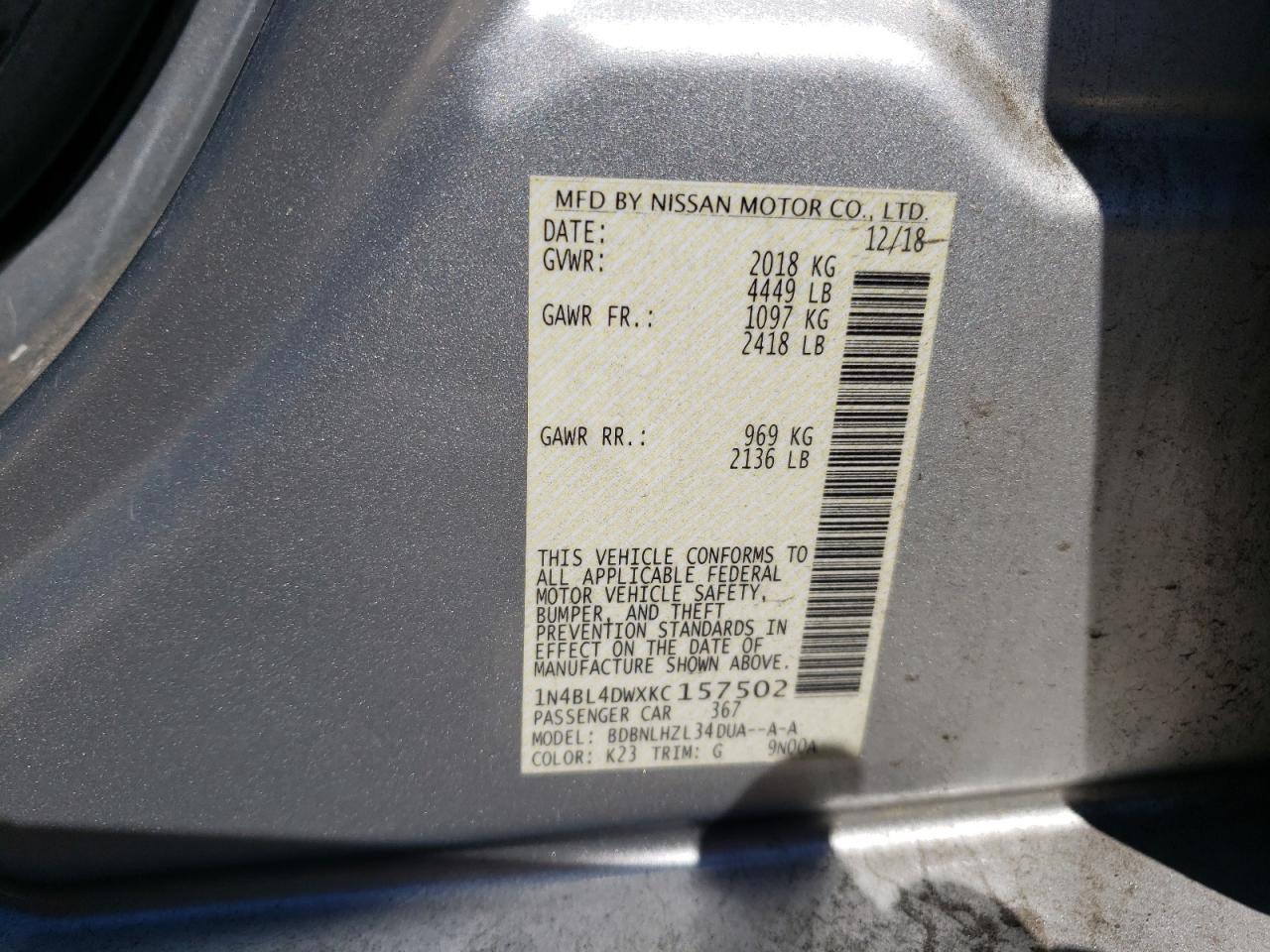 1N4BL4DWXKC157502 2019 Nissan Altima Sv