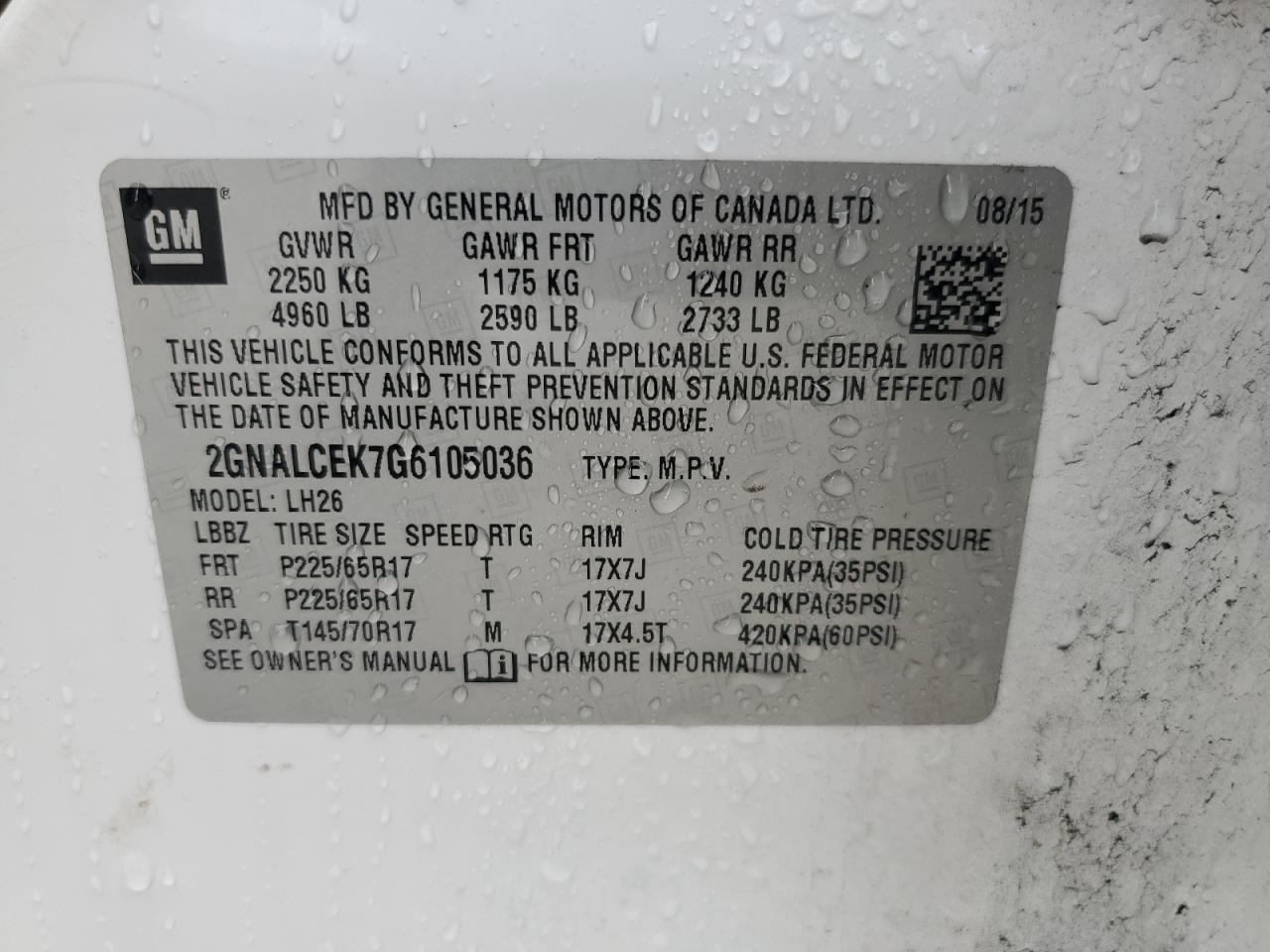 2GNALCEK7G6105036 2016 Chevrolet Equinox Lt