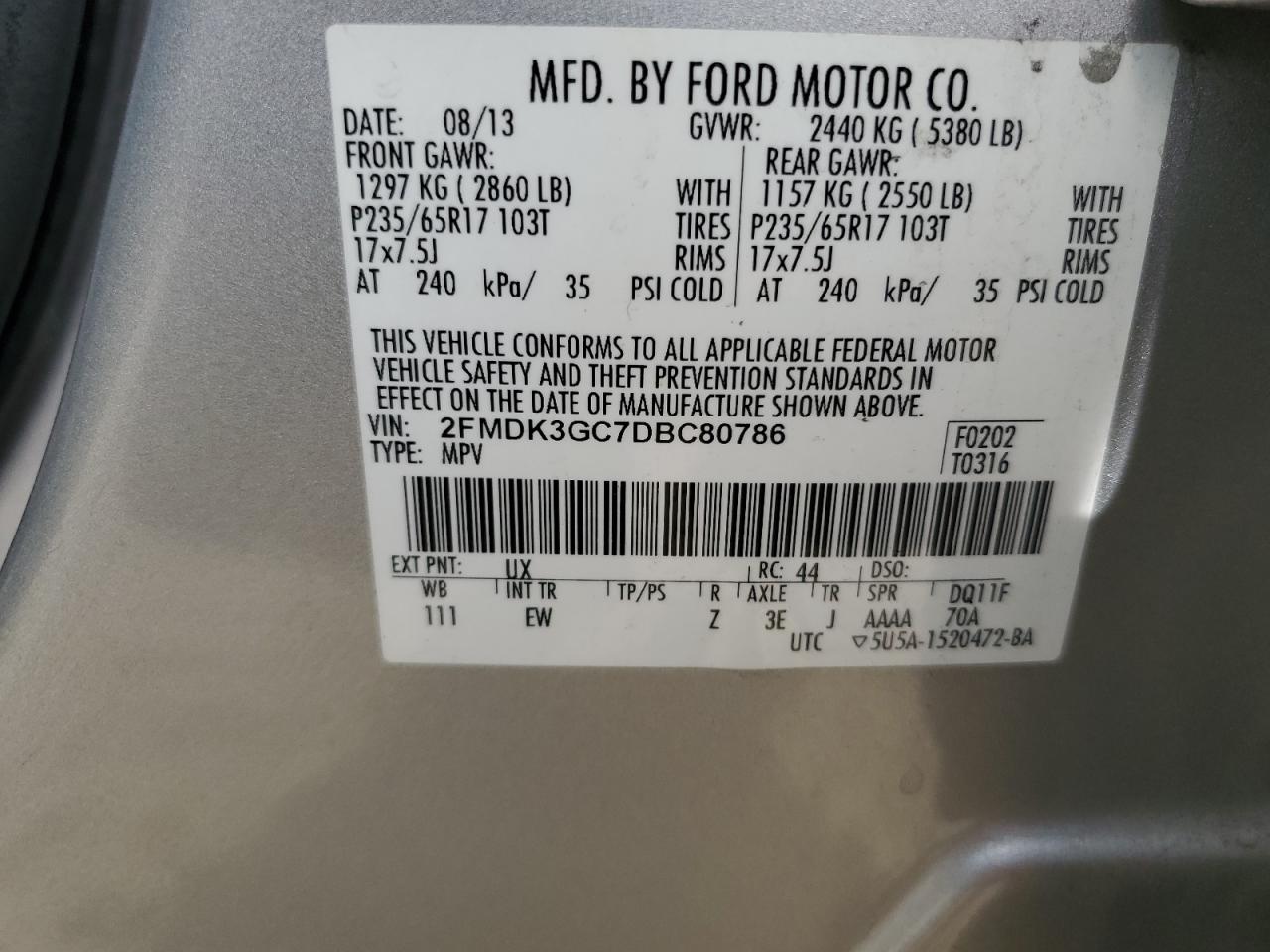 2FMDK3GC7DBC80786 2013 Ford Edge Se