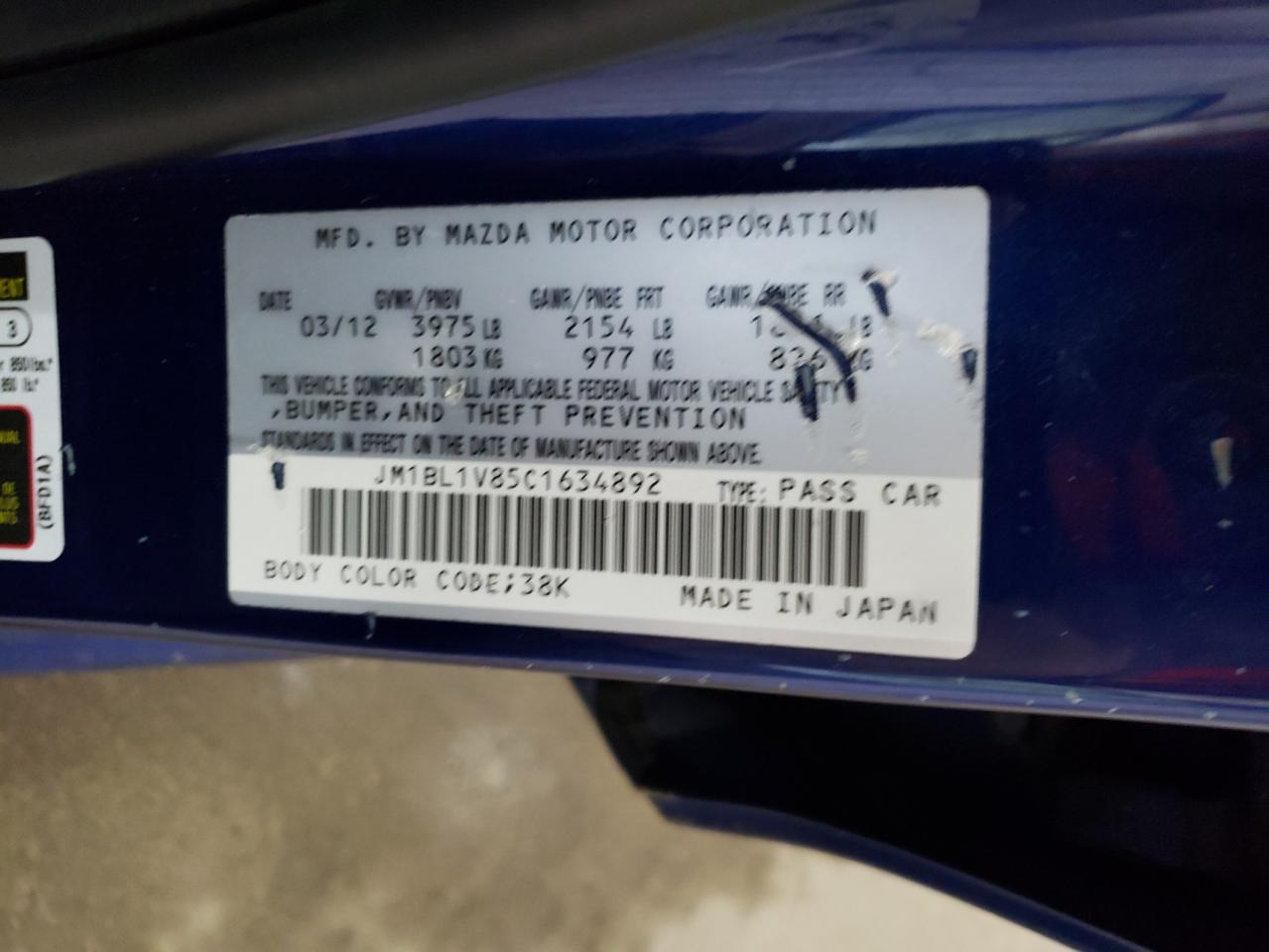 2012 Mazda 3 I VIN: JM1BL1V85C1634892 Lot: 72414684