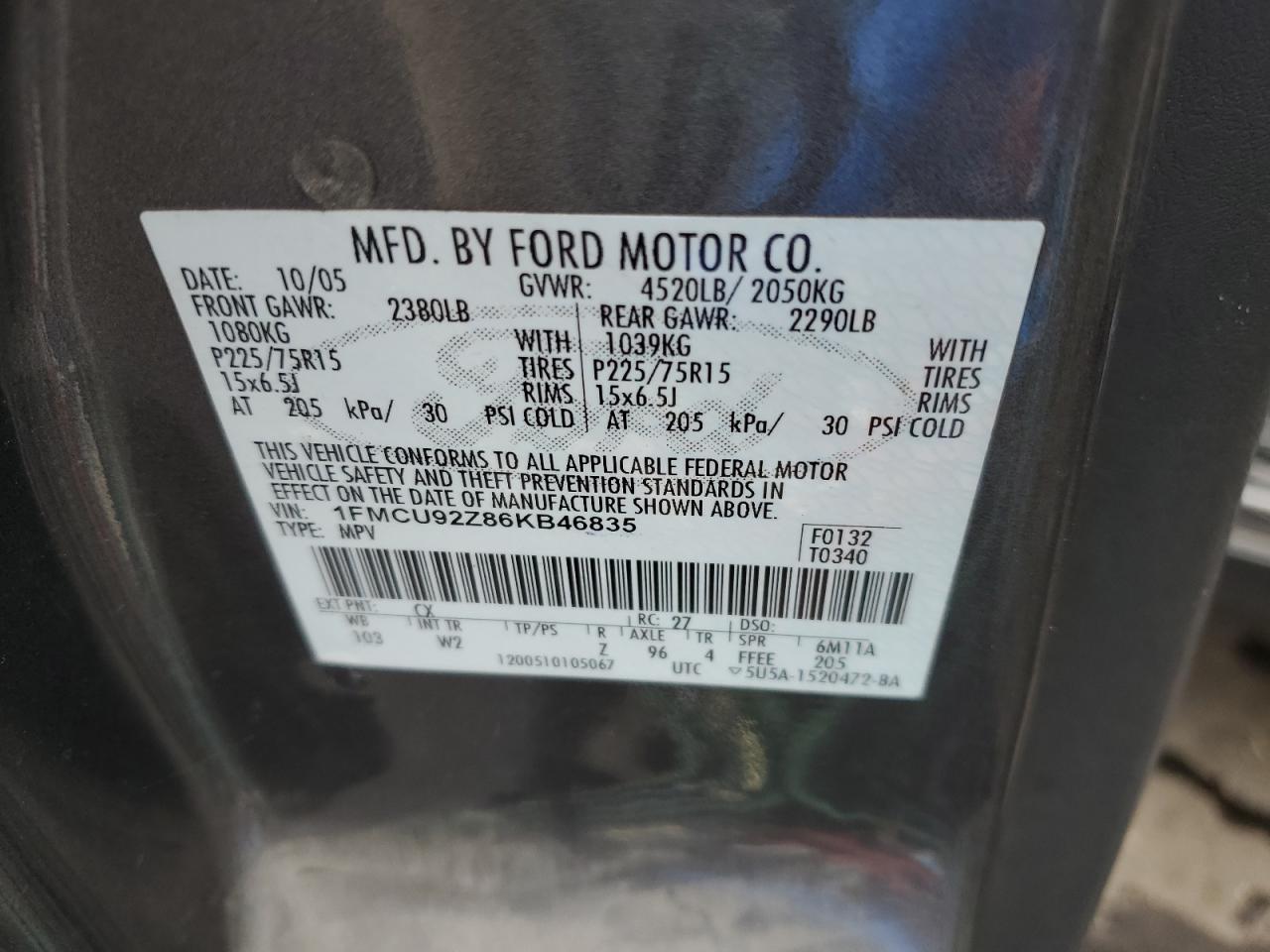 1FMCU92Z86KB46835 2006 Ford Escape Xls