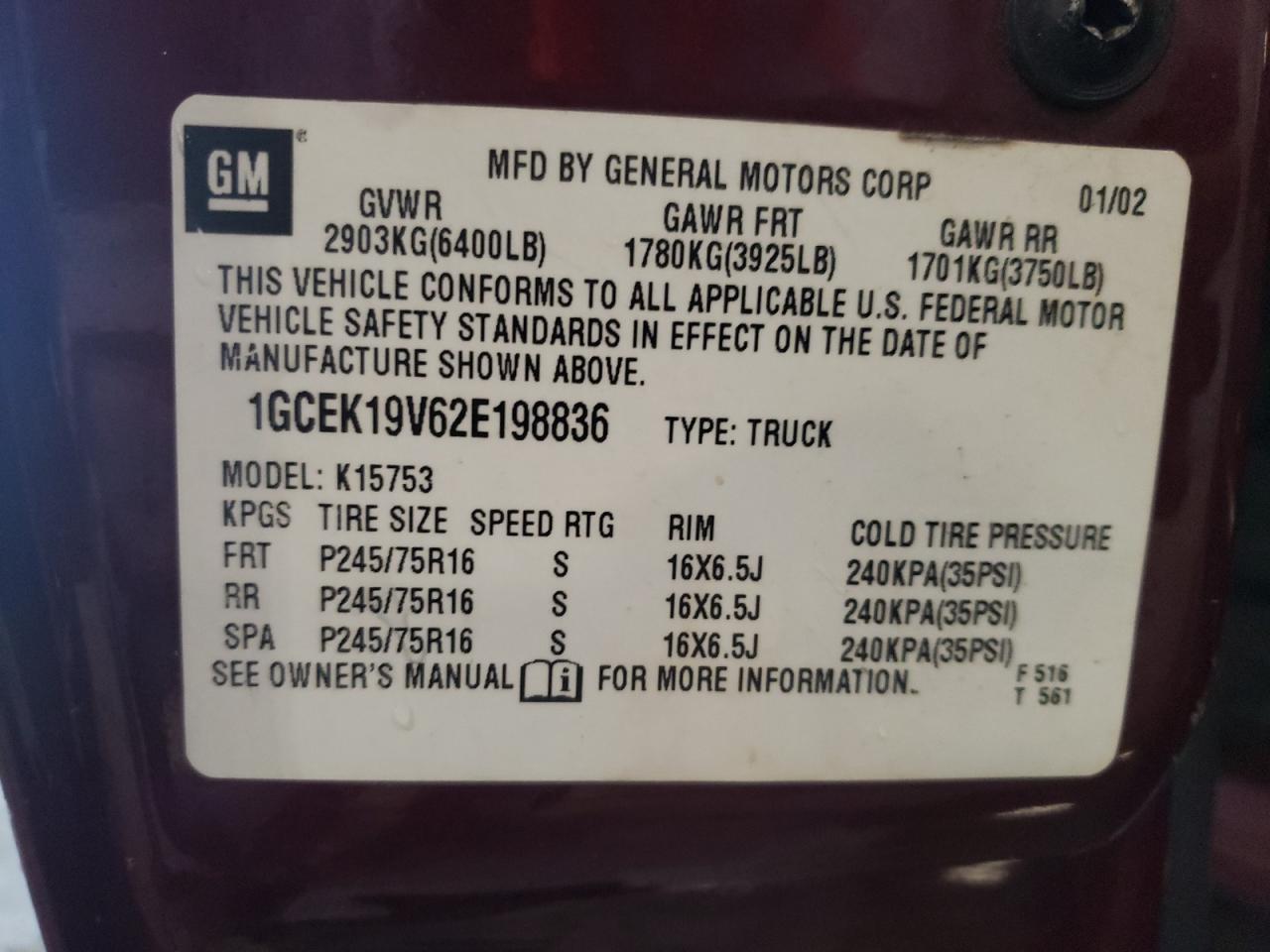 1GCEK19V62E198836 2002 Chevrolet Silverado K1500