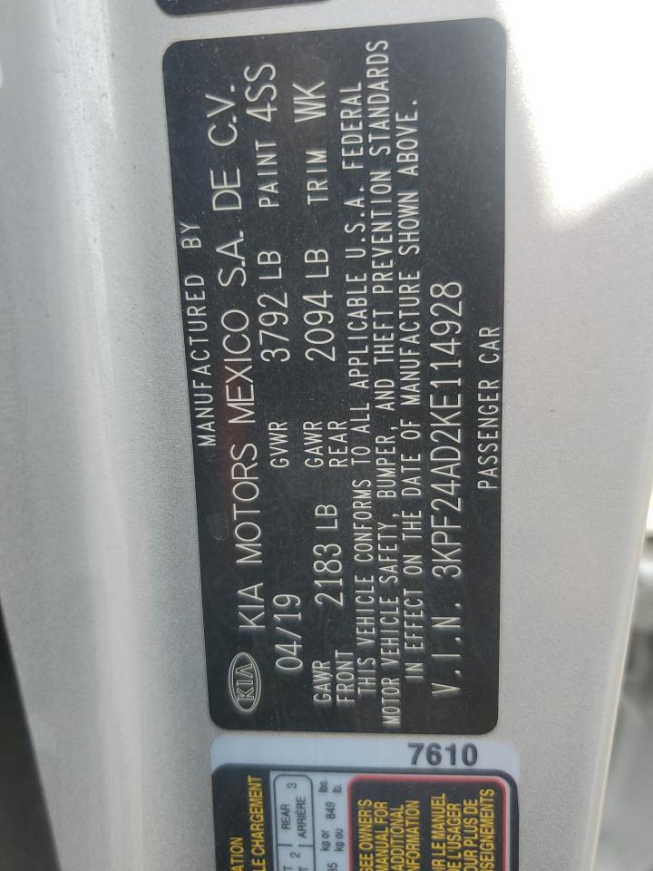 2019 Kia Forte Fe VIN: 3KPF24AD2KE114928 Lot: 72192774
