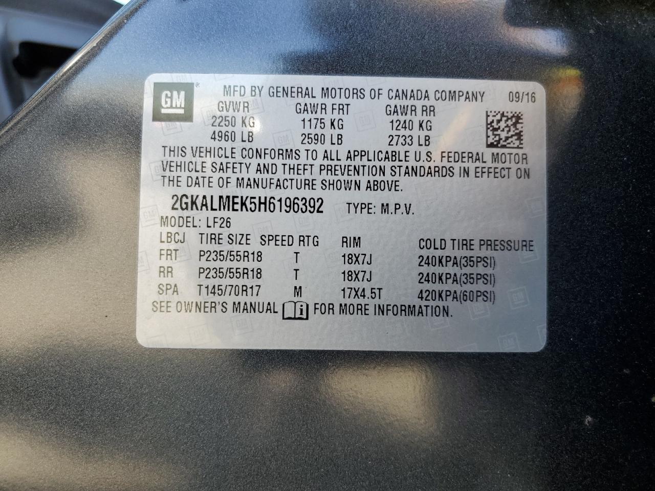 2GKALMEK5H6196392 2017 GMC Terrain Sle