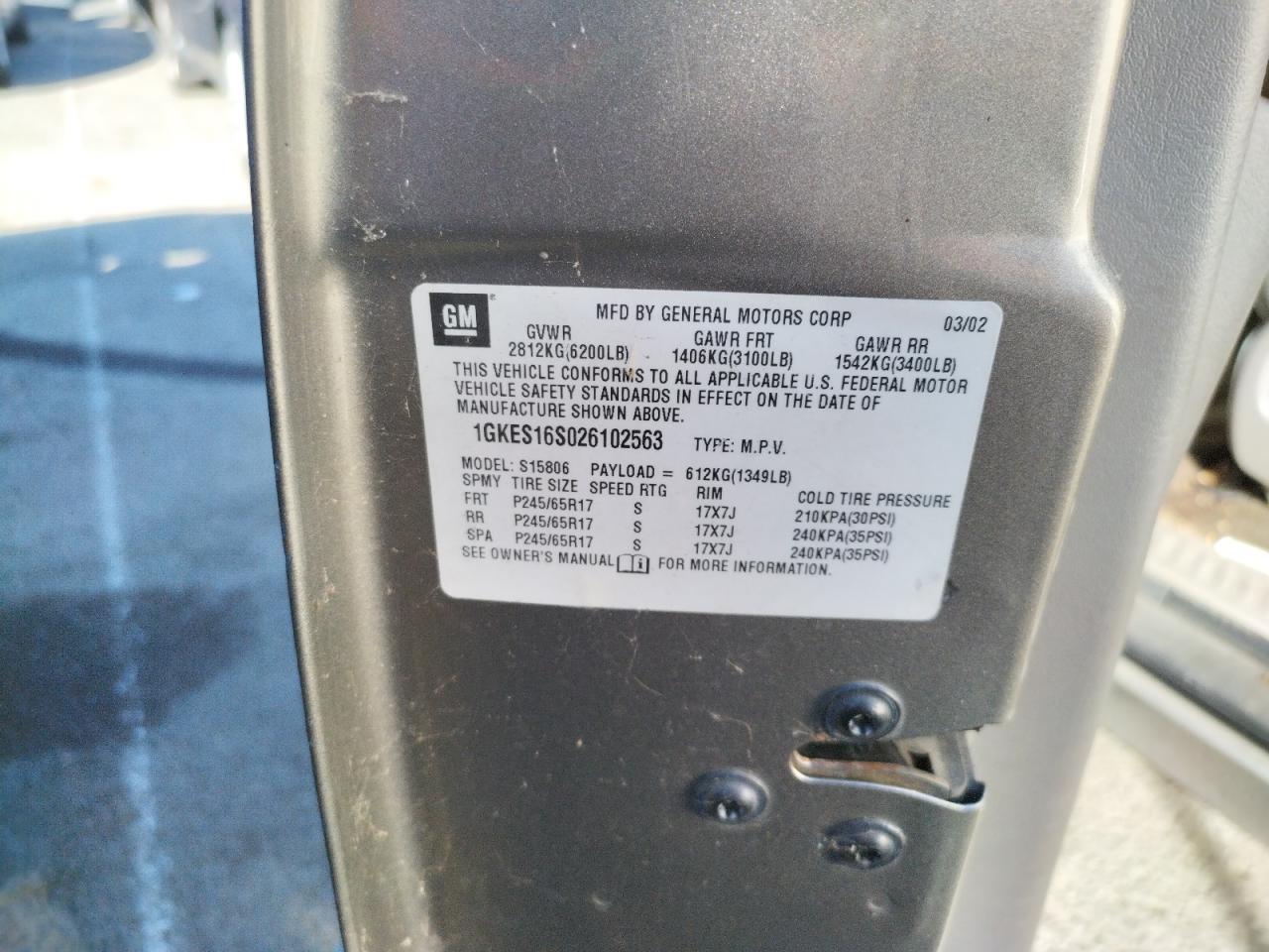 2002 GMC Envoy Xl VIN: 1GKES16S026102563 Lot: 70087284