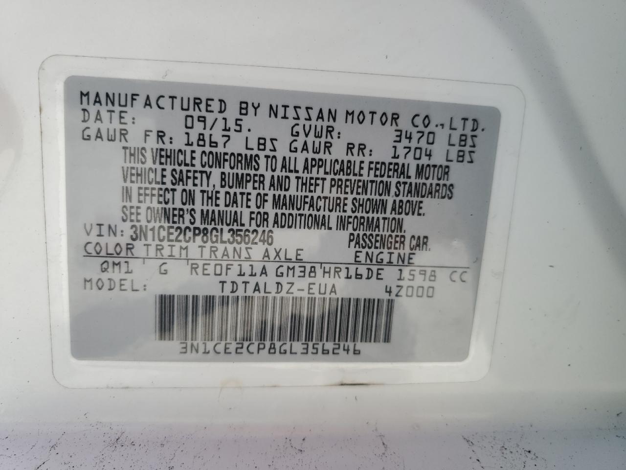 3N1CE2CP8GL356246 2016 Nissan Versa Note S