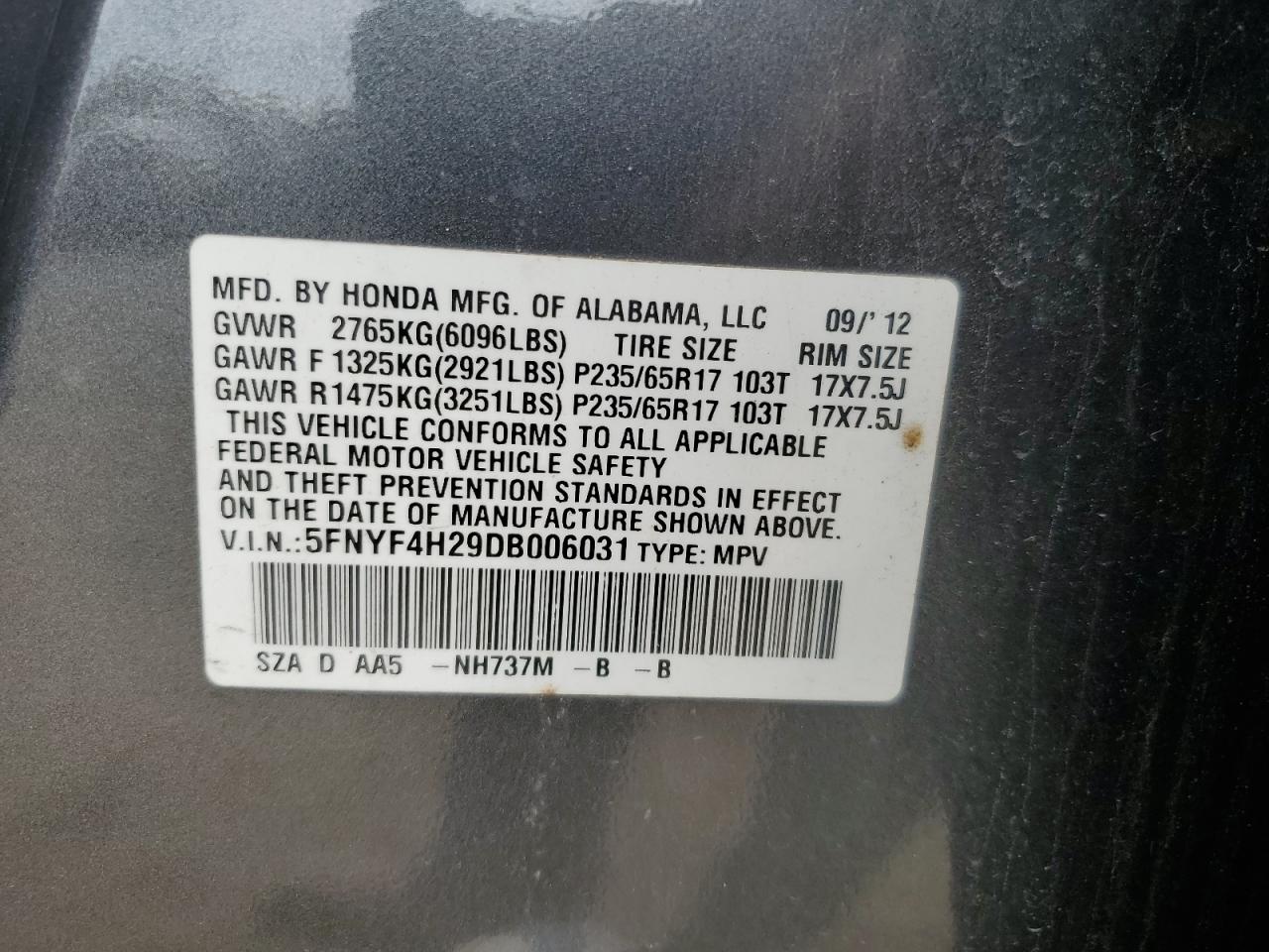 5FNYF4H29DB006031 2013 Honda Pilot Lx