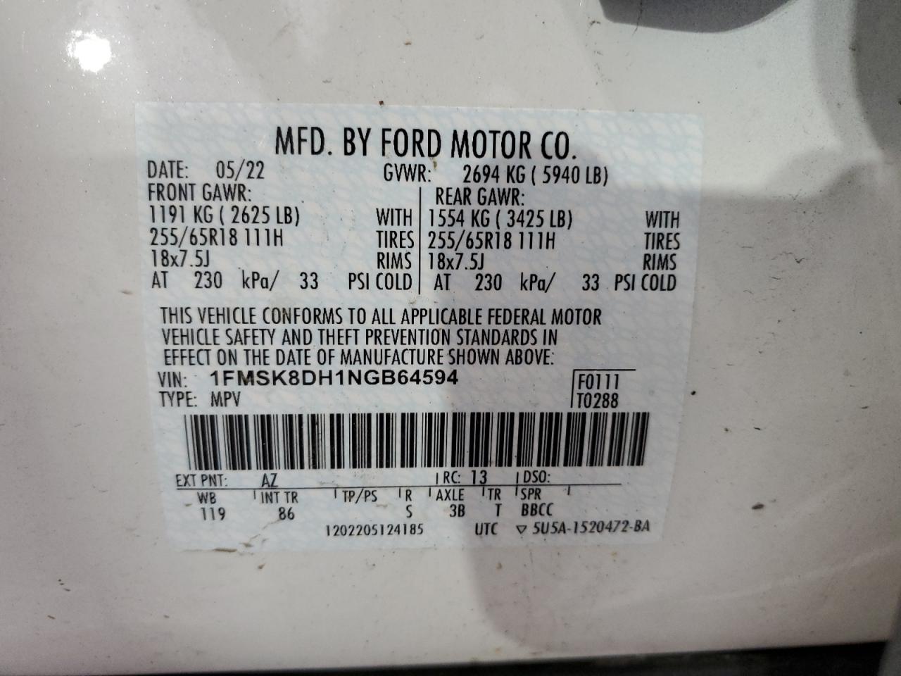 1FMSK8DH1NGB64594 2022 Ford Explorer Xlt