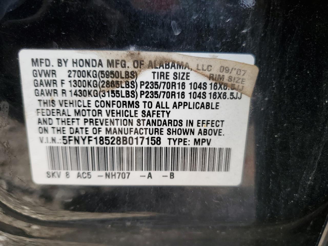 5FNYF18528B017158 2008 Honda Pilot Exl