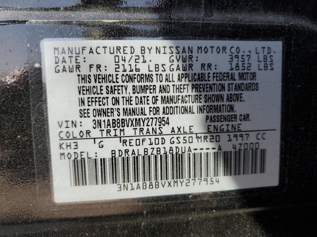 2021 Nissan Sentra S VIN: 3N1AB8BVXMY277954 Lot: 71663954