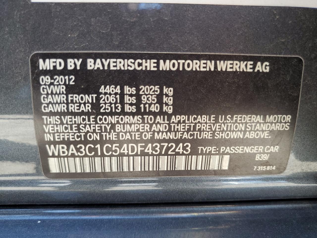 VIN WBA3C1C54DF437243 2013 BMW 3 SERIES no.12