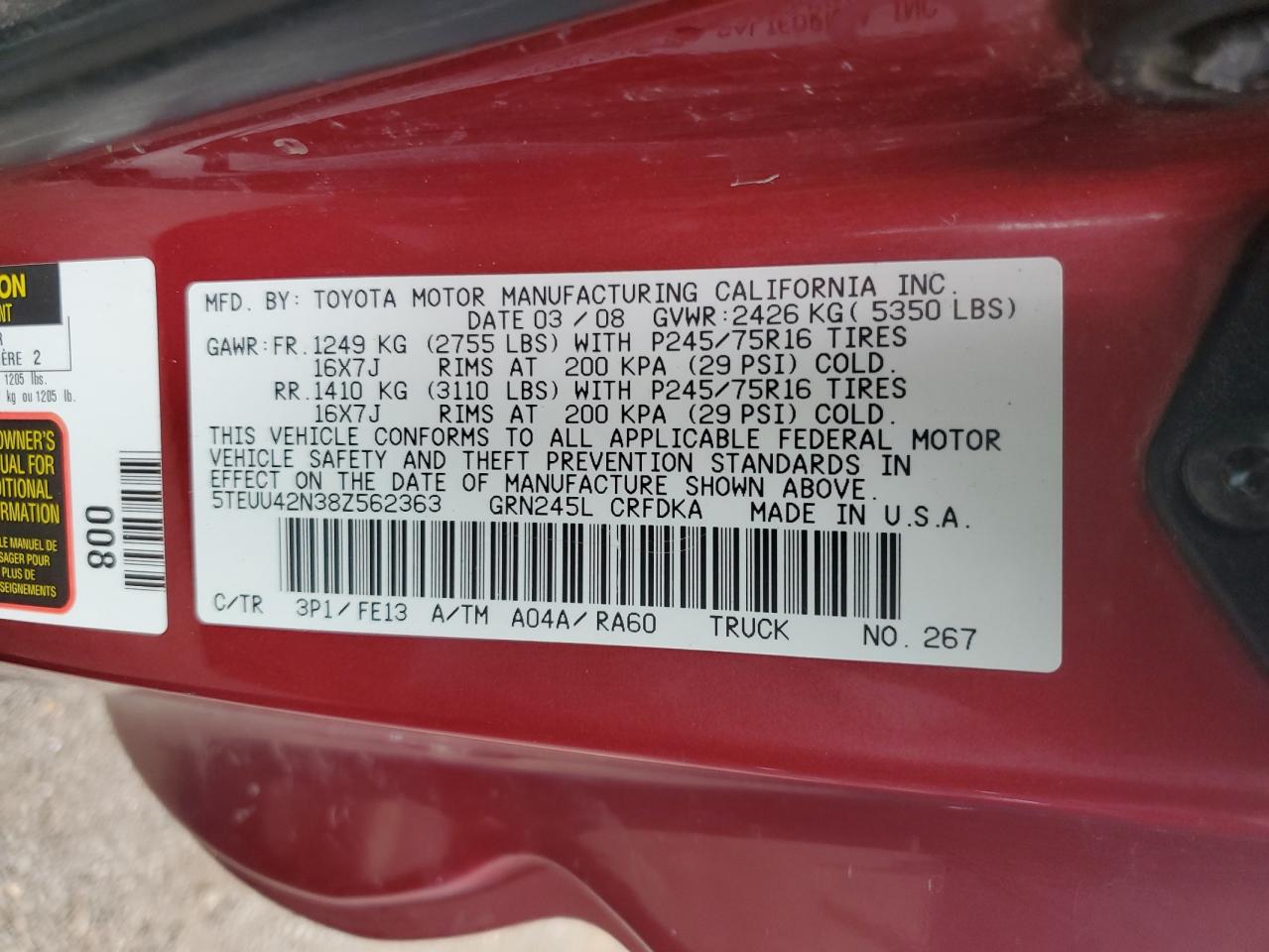 5TEUU42N38Z562363 2008 Toyota Tacoma Access Cab